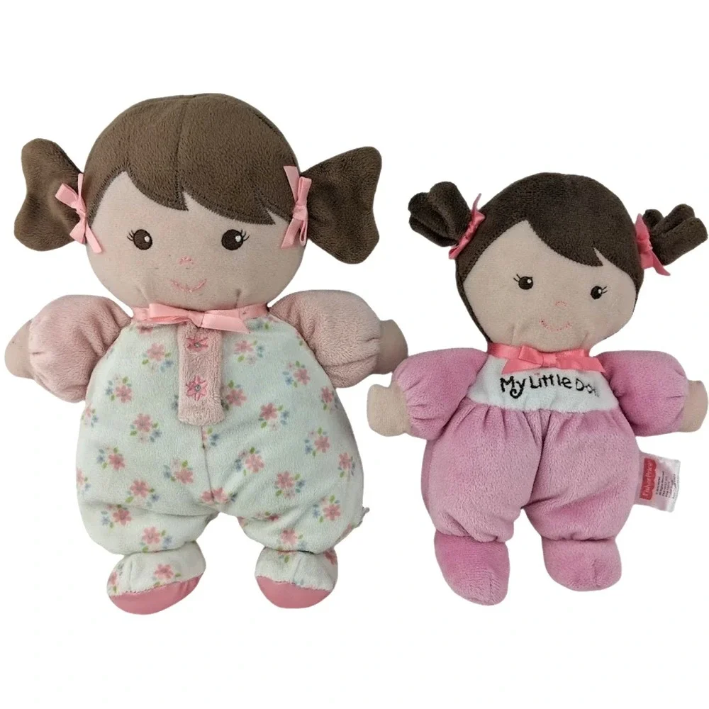 2 Fisher Price Baby Starters Plush Girl My Little Doll Lovey Lot Rattle Brown